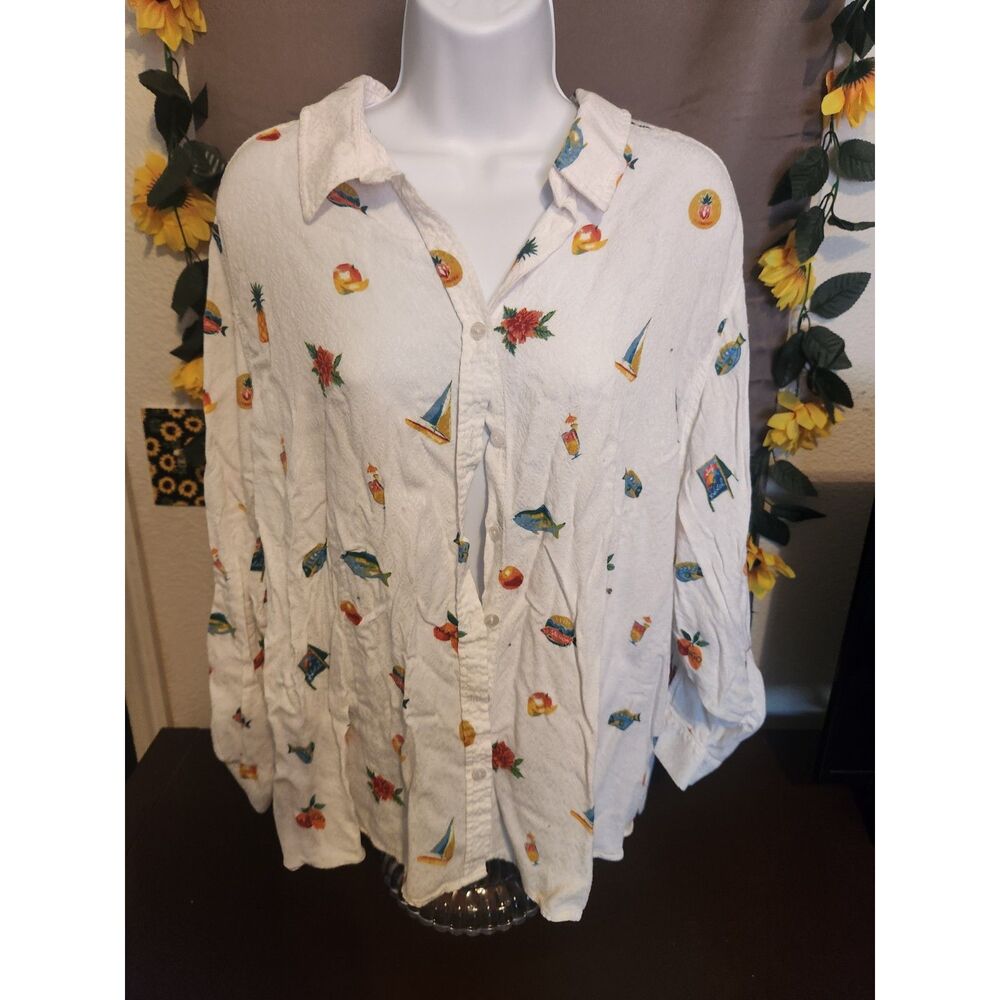 Lane & Delancey Tropical Vacation Button Down Shirt Women's Size 3X White Resort